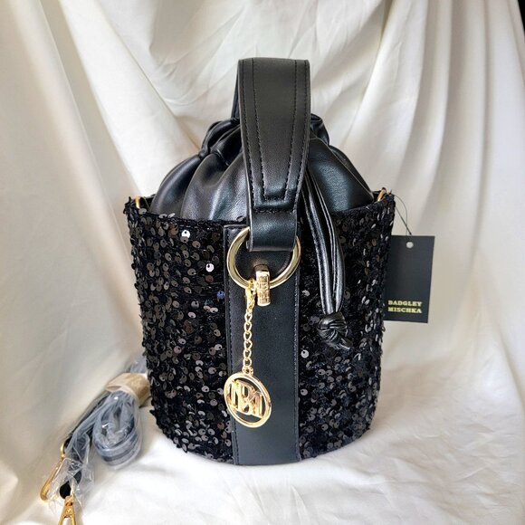 Badgley Mischka Handbags - Badgley Mischka NWT Black Sequin Bucket Bag, Vegan Leather ~ Non-Smoking Home
